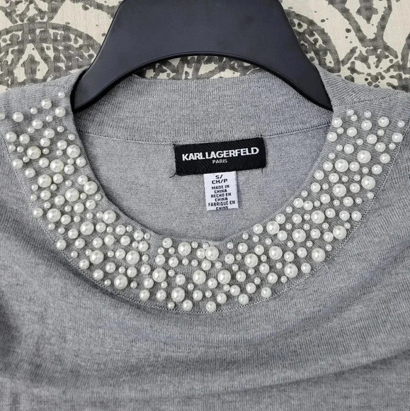 Karl Lagerfeld Pearl Embellished Neckline Quarter Sleeve - Picture 1 of 11